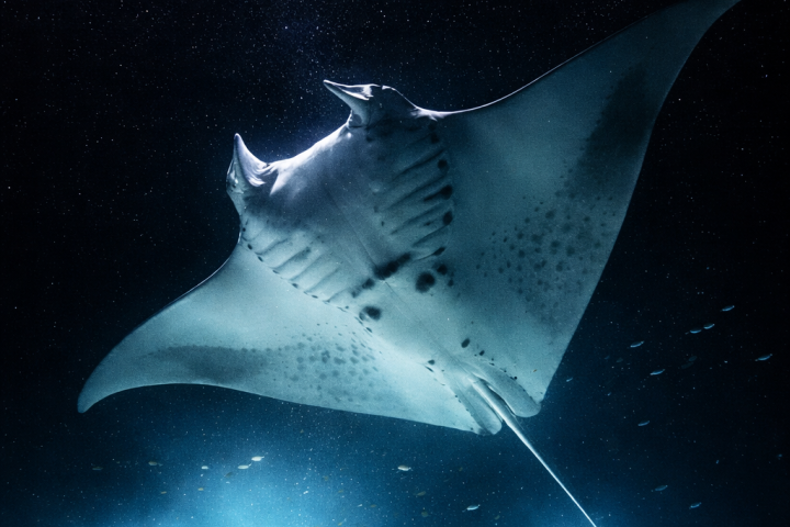 Manta ray swimming underwater with a starry background.